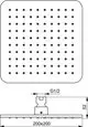 Wandmontierte Regenbrause von Ideal Standard, quadratische Form mit gleichmäßigen Düsen, Ansicht von oben und von der Seite, klare Linienführung, einfach zu montieren.
